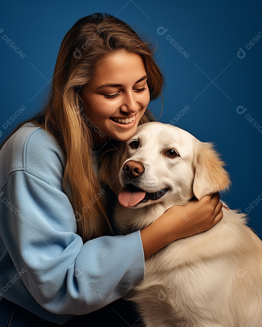 Uma mulher branca com seu cachorro acariciando seu cachorro em um fundo bronzeado