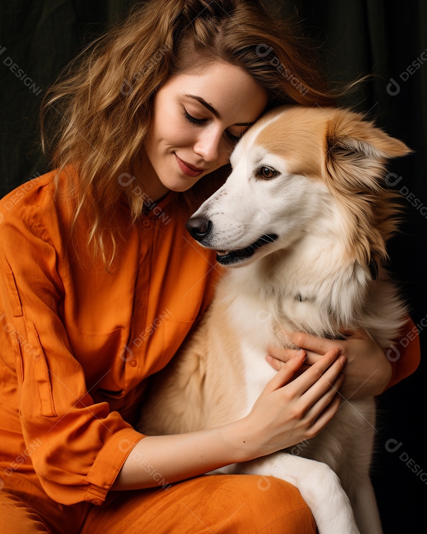 Uma mulher branca com seu cachorro acariciando seu cachorro em um fundo bronzeado