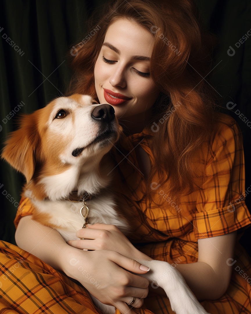 Uma mulher branca com seu cachorro acariciando seu cachorro em um fundo bronzeado