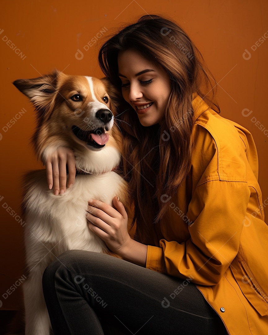 Uma mulher branca com seu cachorro acariciando seu cachorro em um fundo bronzeado