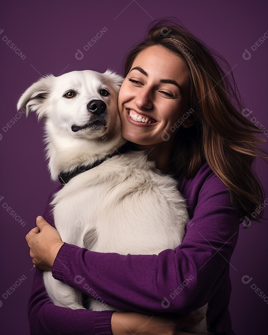 Uma mulher branca com seu cachorro acariciando seu cachorro em um fundo bronzeado