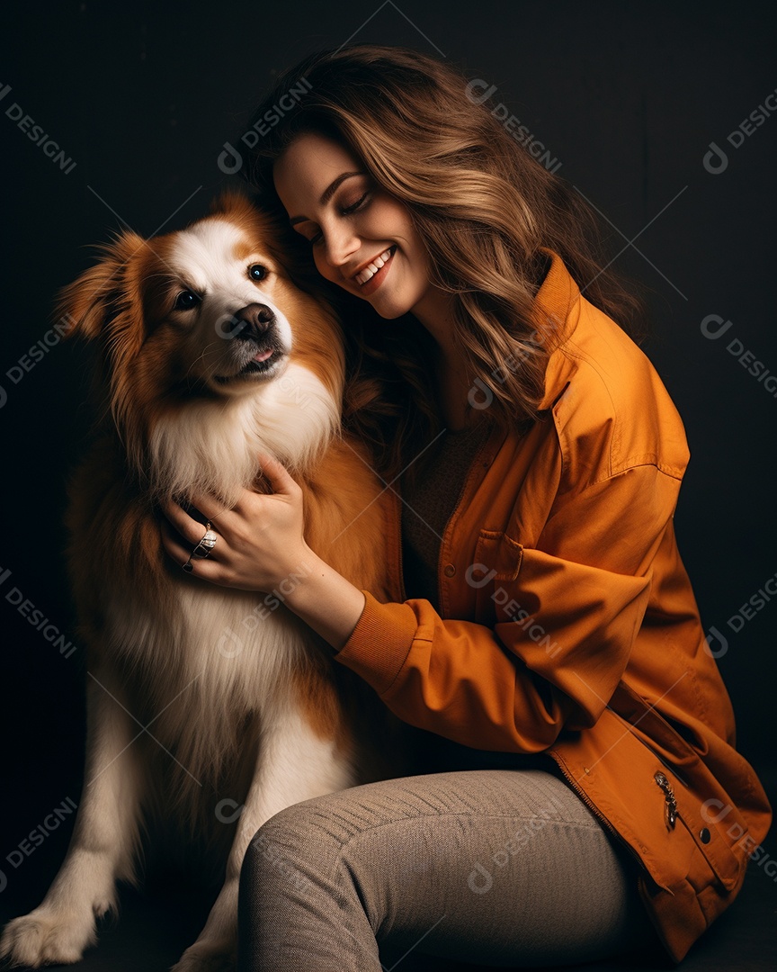 Uma mulher branca com seu cachorro acariciando seu cachorro em um fundo bronzeado