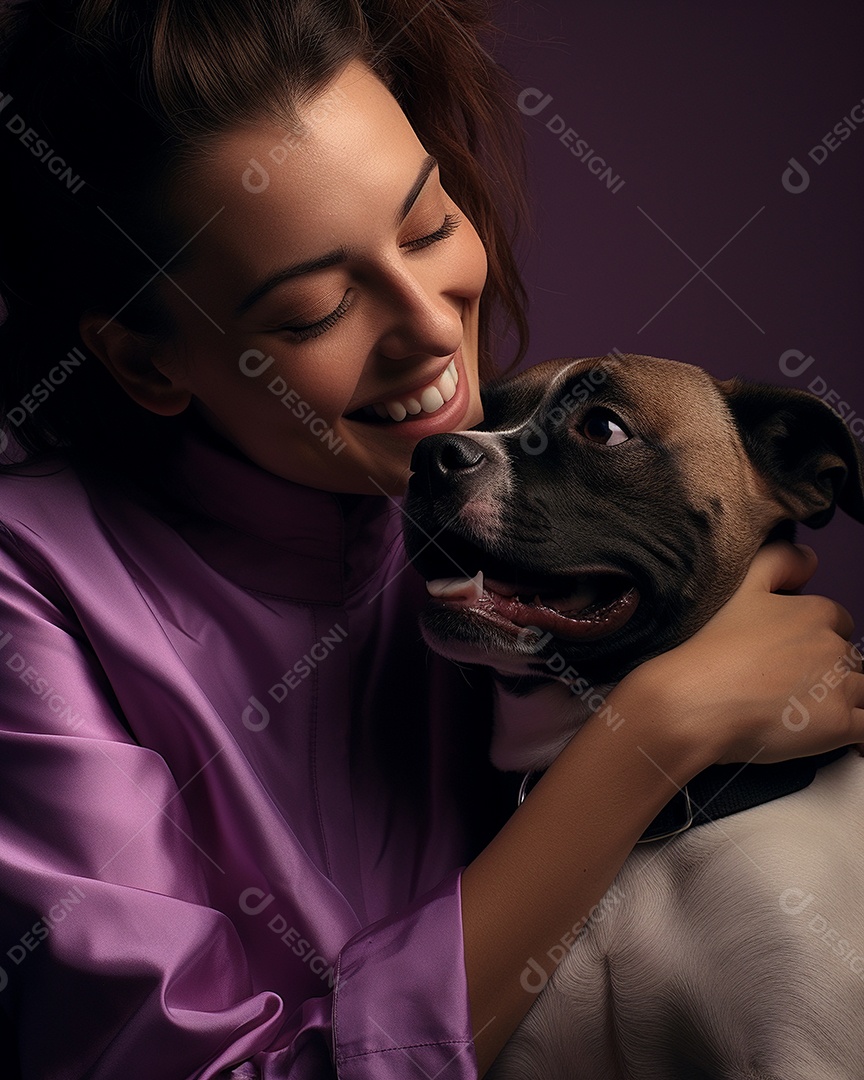 Uma mulher branca com seu cachorro acariciando seu cachorro em um fundo bronzeado