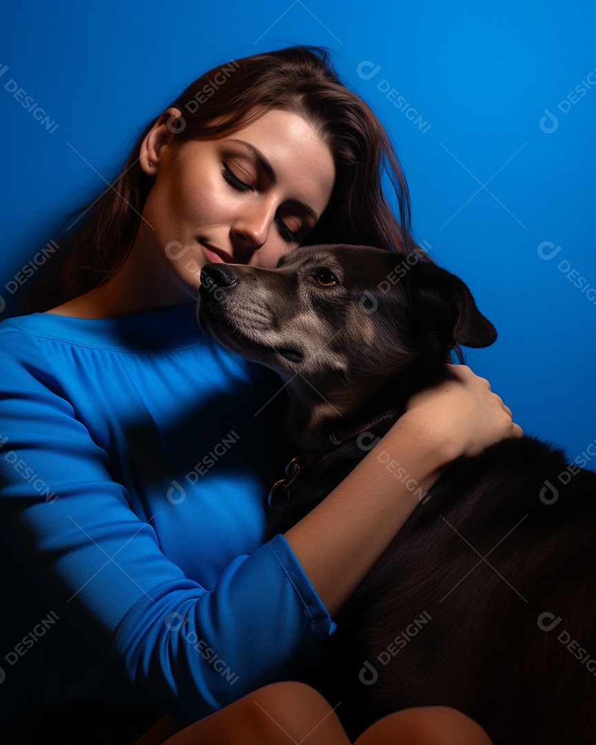 Uma mulher branca com seu cachorro acariciando seu cachorro em um fundo bronzeado