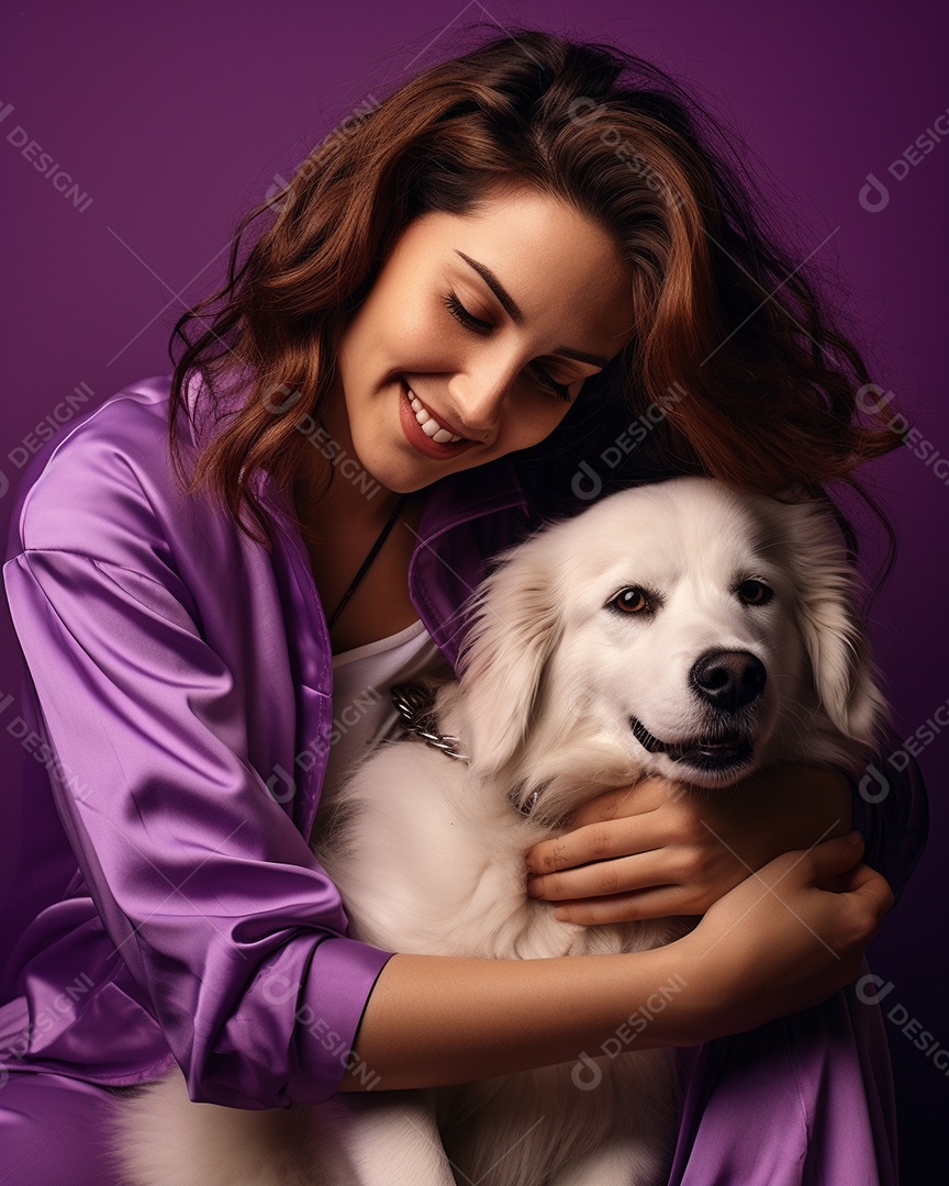 Uma mulher branca com seu cachorro acariciando seu cachorro em um fundo bronzeado