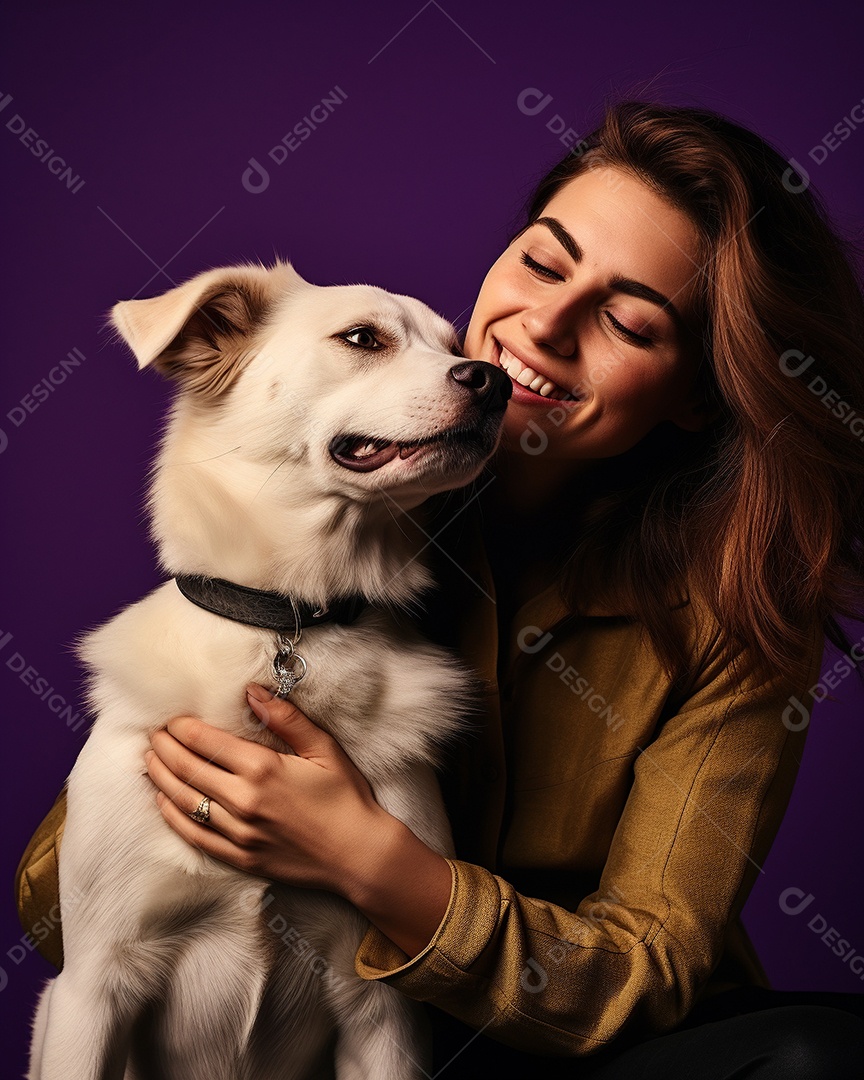 Uma mulher branca com seu cachorro acariciando seu cachorro em um fundo bronzeado