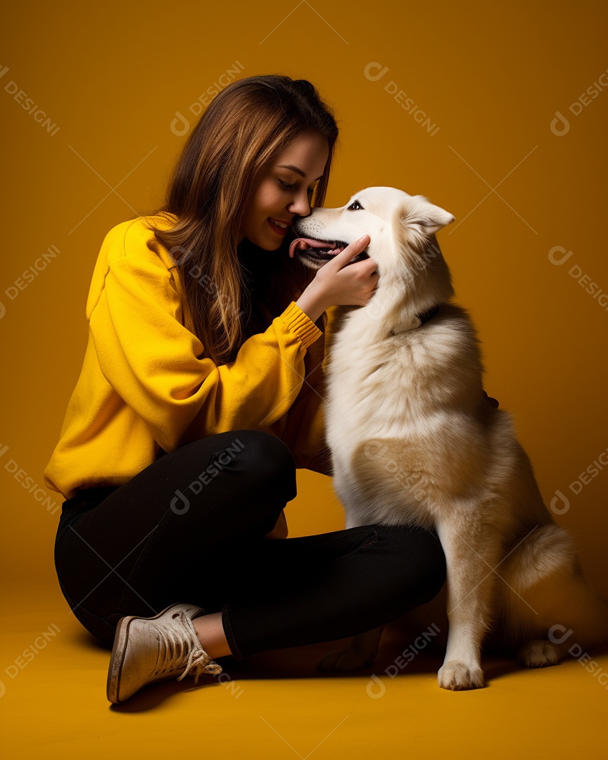 Uma mulher branca com seu cachorro acariciando seu cachorro em um fundo bronzeado