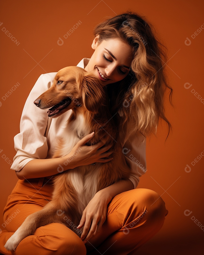 Uma mulher branca com seu cachorro acariciando seu cachorro em um fundo bronzeado