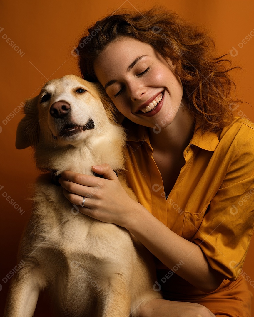 Uma mulher branca com seu cachorro acariciando seu cachorro em um fundo colorido