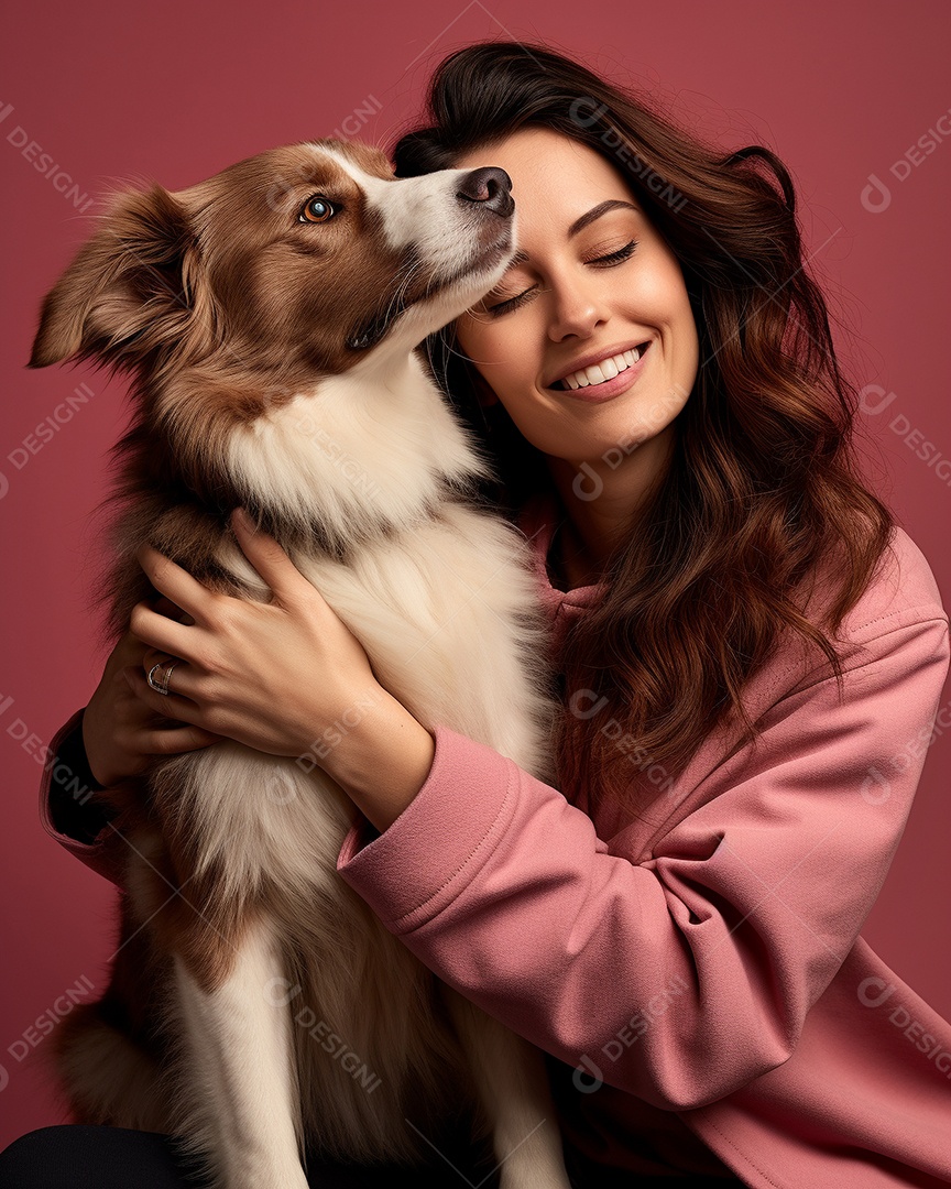 Uma mulher branca com seu cachorro acariciando seu cachorro em um fundo colorido