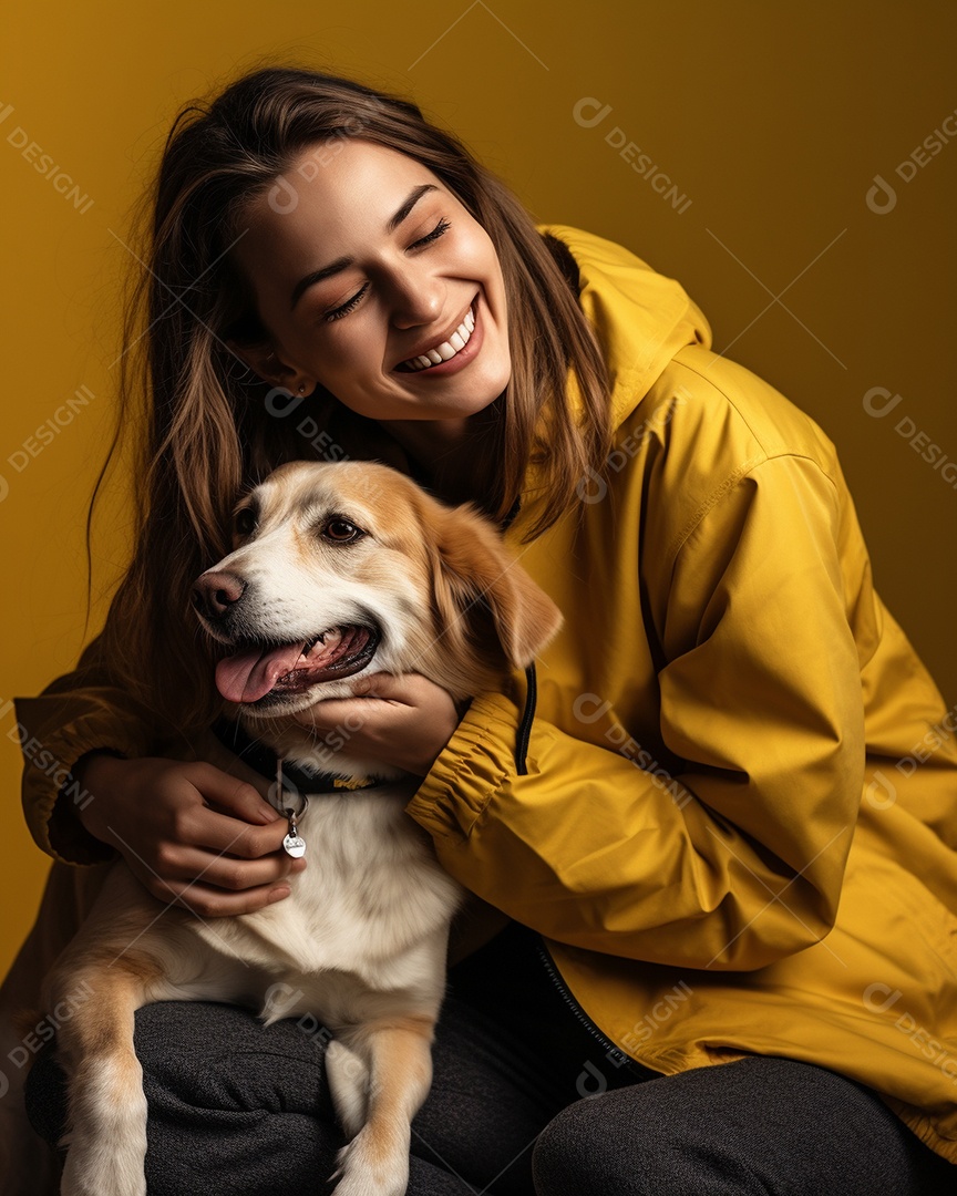 Uma mulher branca com seu cachorro acariciando seu cachorro em um fundo colorido