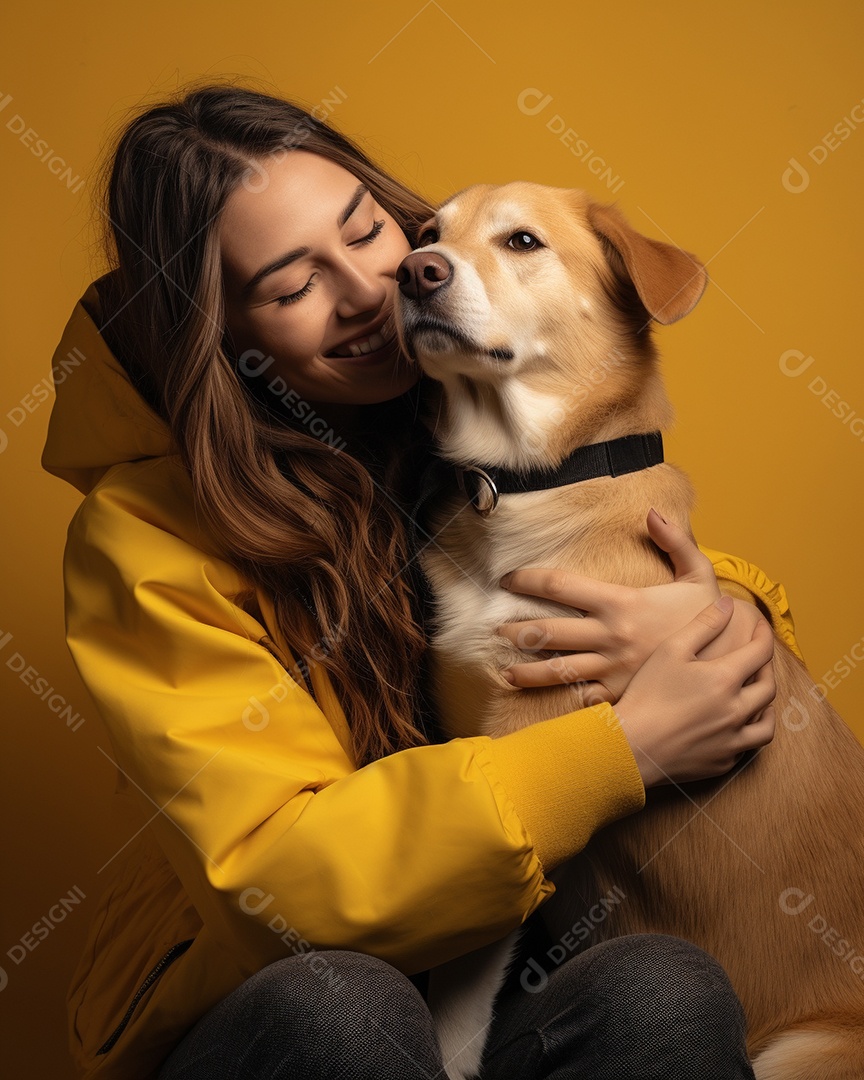 Uma mulher branca com seu cachorro acariciando seu cachorro em um fundo colorido