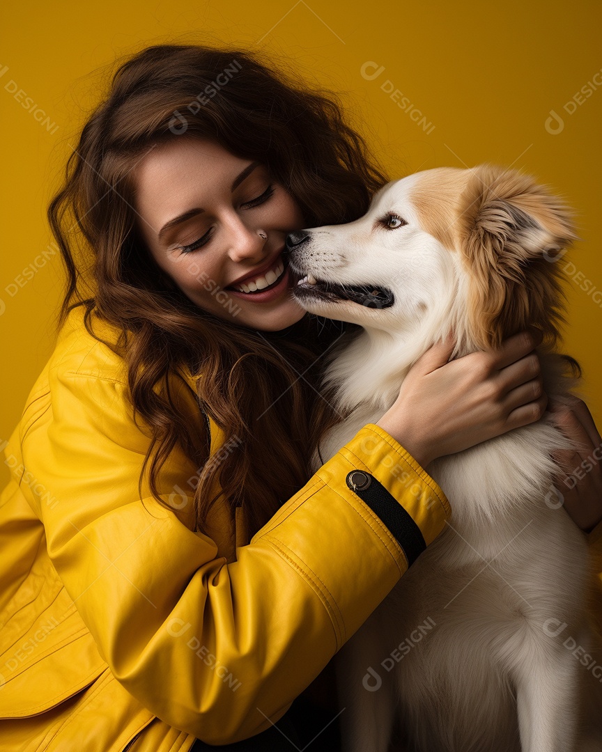 Uma mulher branca com seu cachorro acariciando seu cachorro em um fundo bronzeado
