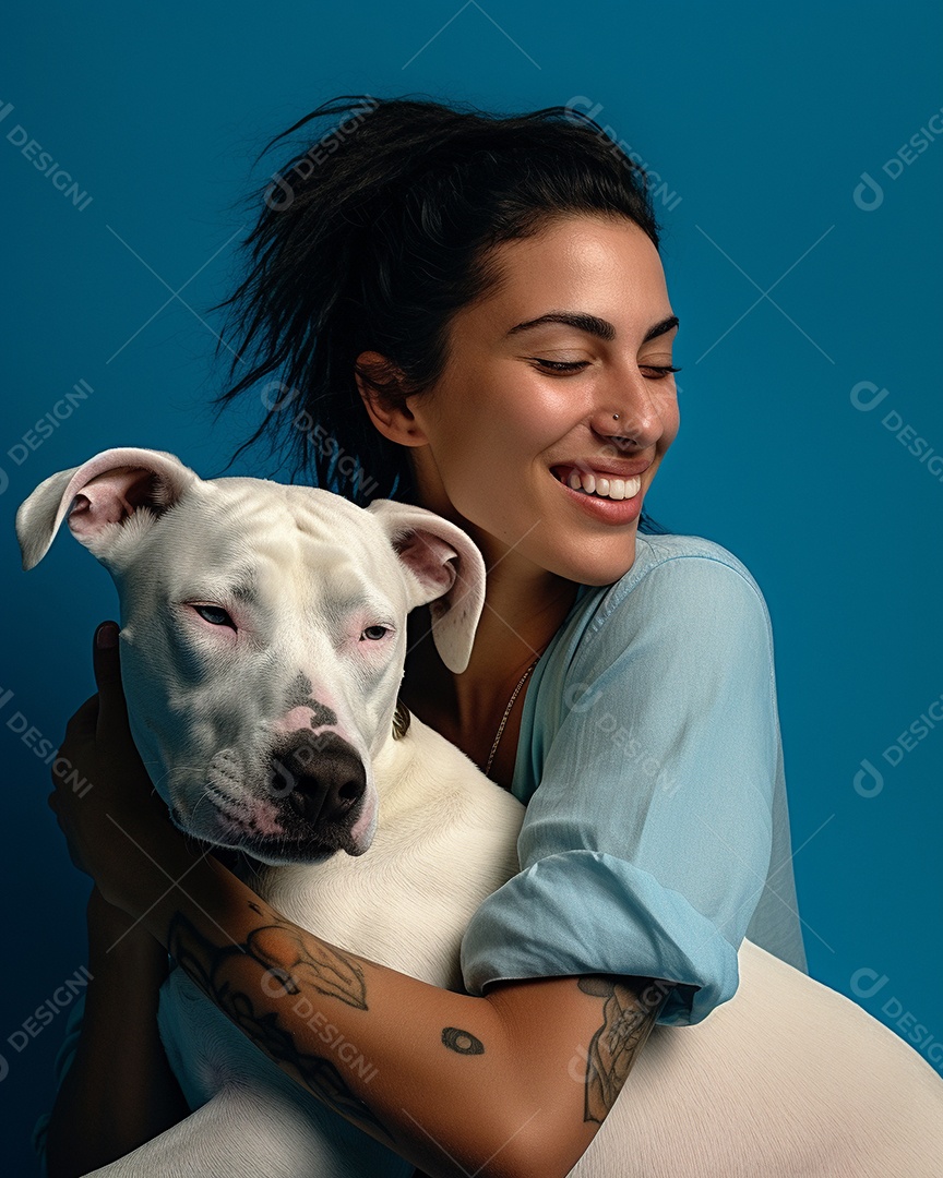 Uma mulher branca com seu cachorro acariciando seu cachorro em um fundo colorido