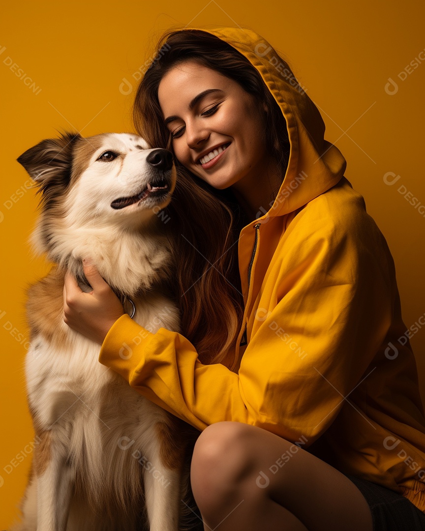 Uma mulher branca com seu cachorro acariciando seu cachorro em um fundo colorido