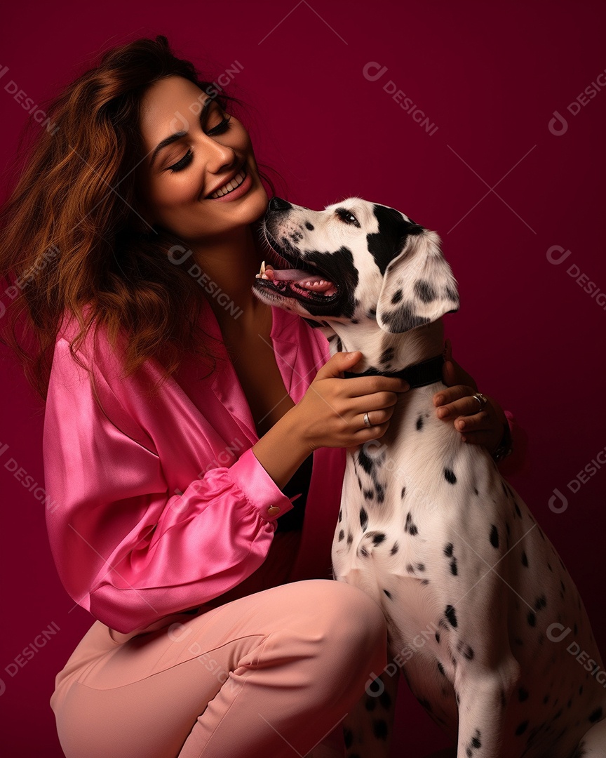 Uma mulher branca com seu cachorro acariciando seu cachorro em um fundo colorido