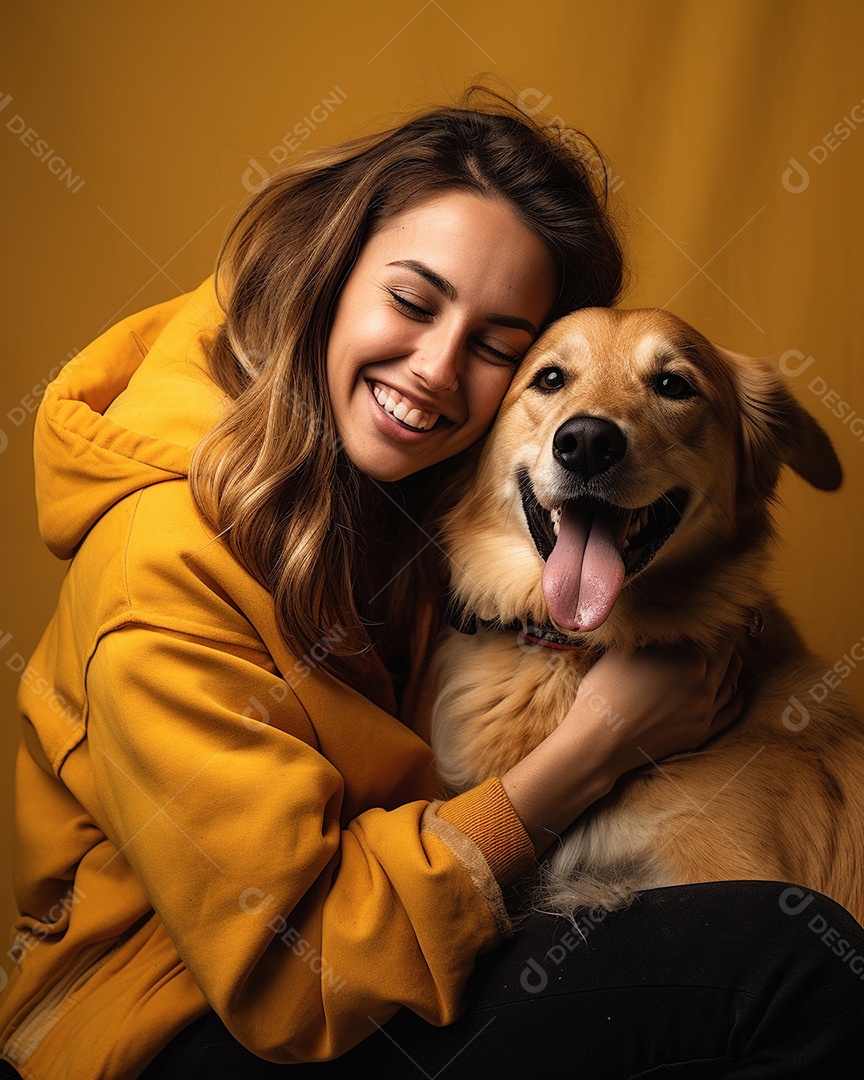 Uma mulher branca com seu cachorro acariciando seu cachorro em um fundo colorido