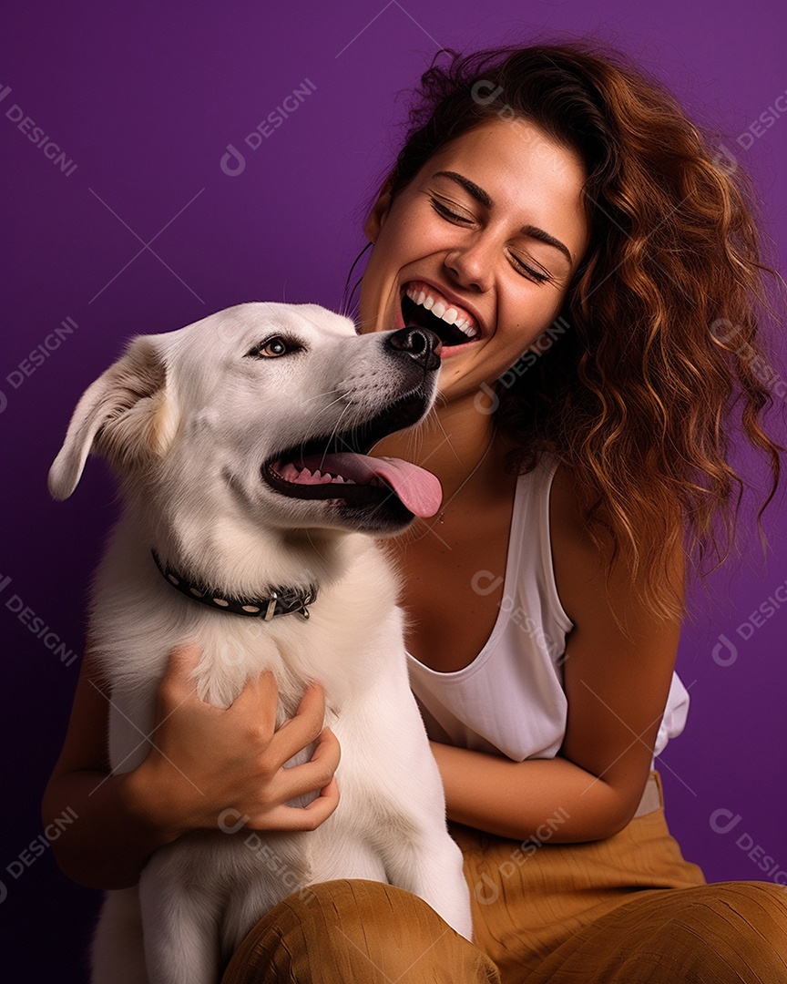 Uma mulher branca com seu cachorro acariciando seu cachorro em um fundo colorido