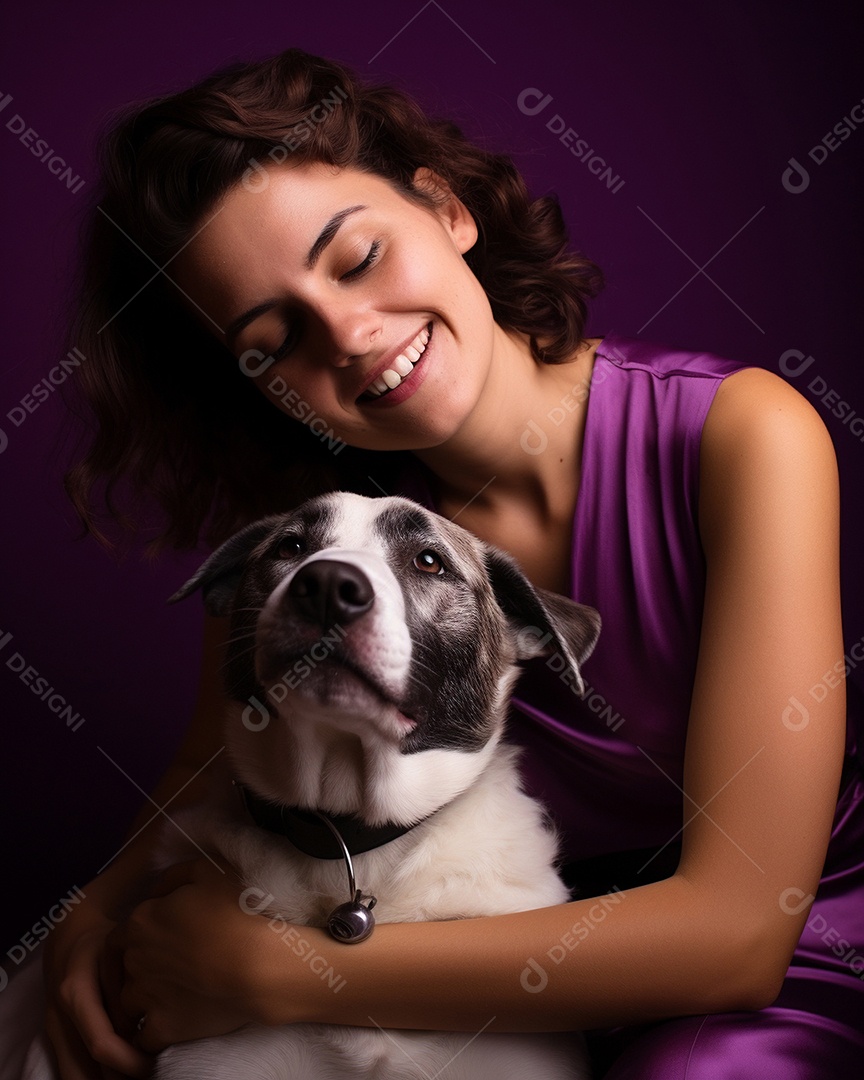 Uma mulher branca com seu cachorro acariciando seu cachorro em um fundo colorido