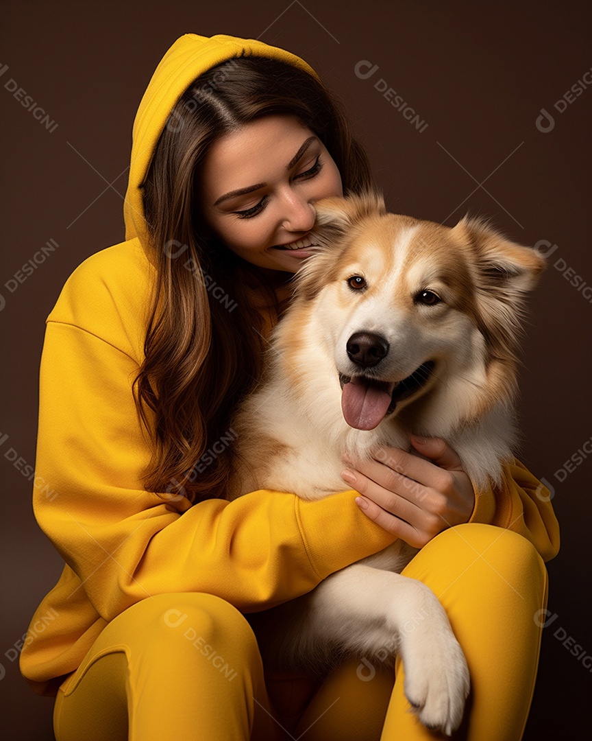 Uma mulher branca com seu cachorro acariciando seu cachorro em um fundo colorido