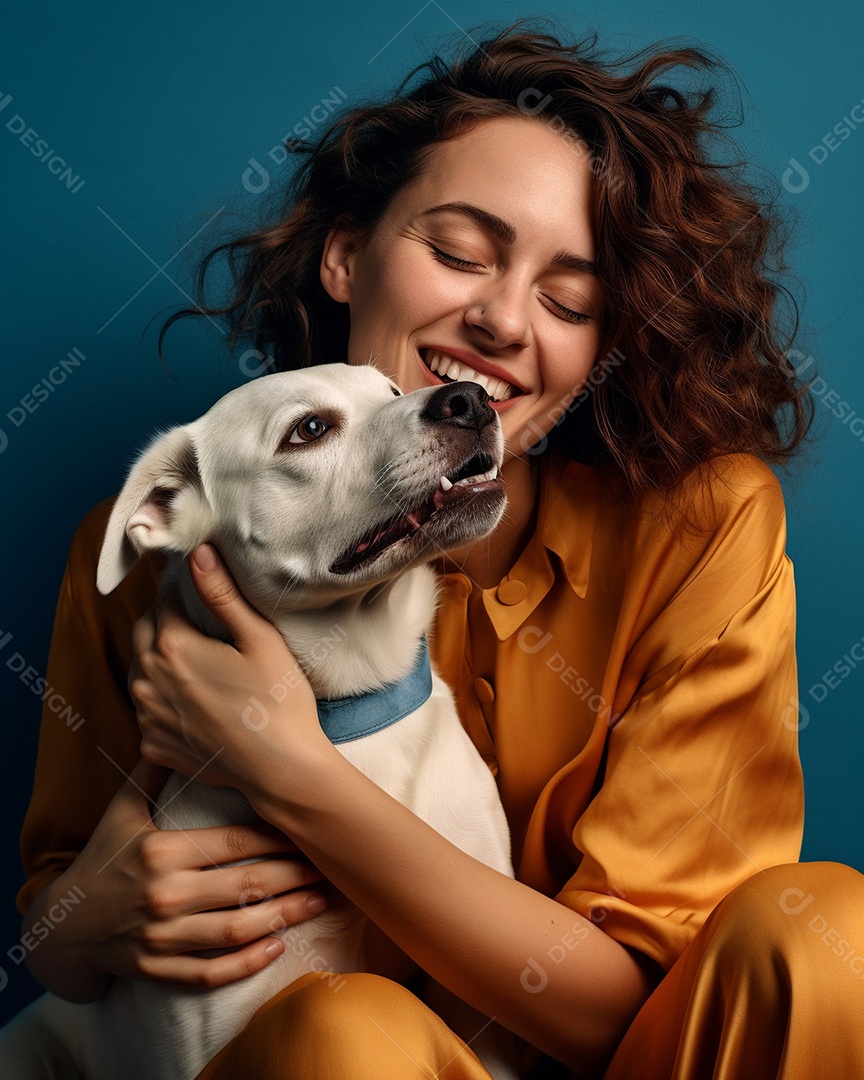 Uma mulher branca com seu cachorro acariciando seu cachorro em um fundo colorido