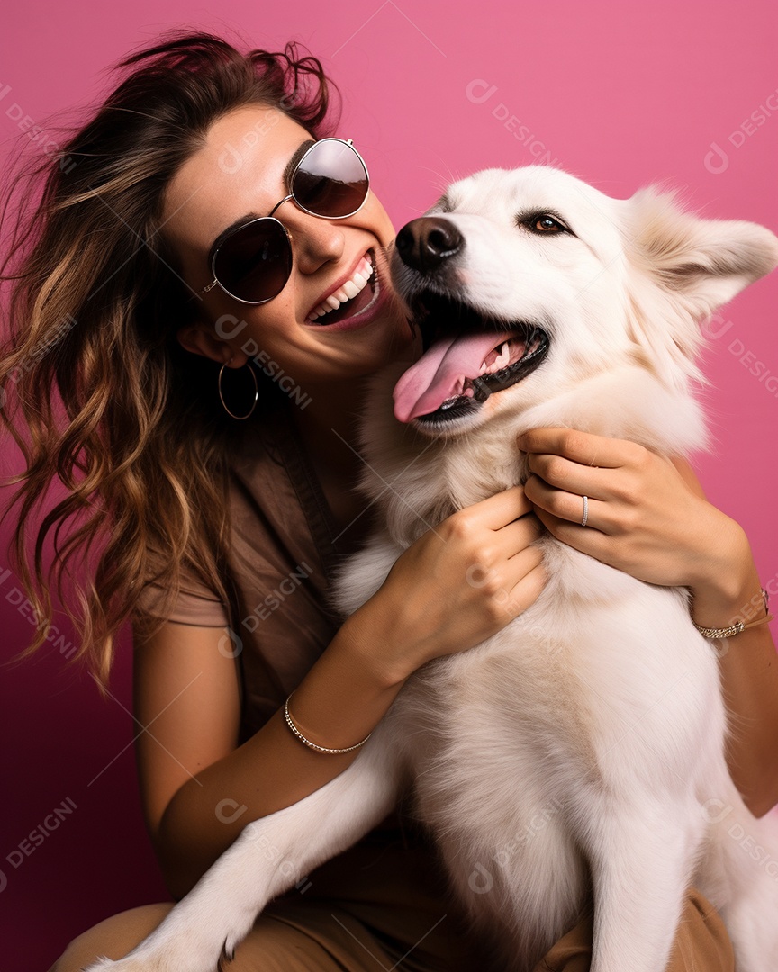 Uma mulher branca com seu cachorro acariciando seu cachorro em um fundo colorido