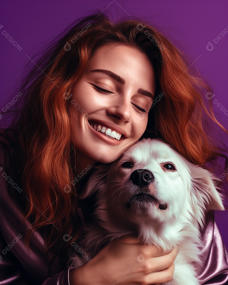 Uma mulher branca com seu cachorro acariciando seu cachorro em um fundo colorido