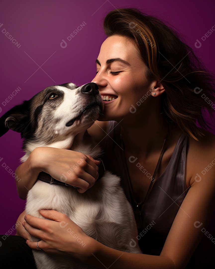 Uma mulher branca com seu cachorro acariciando seu cachorro em um fundo colorido