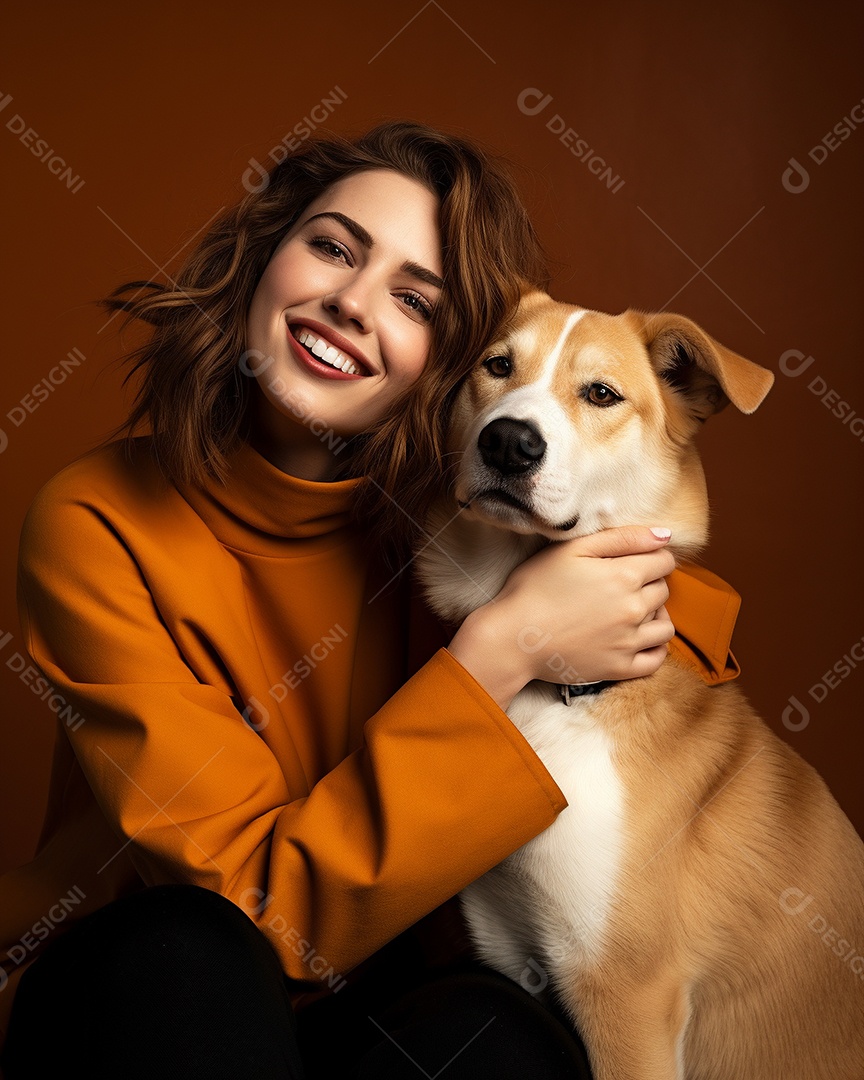 Uma mulher branca com seu cachorro acariciando seu cachorro em um fundo colorido