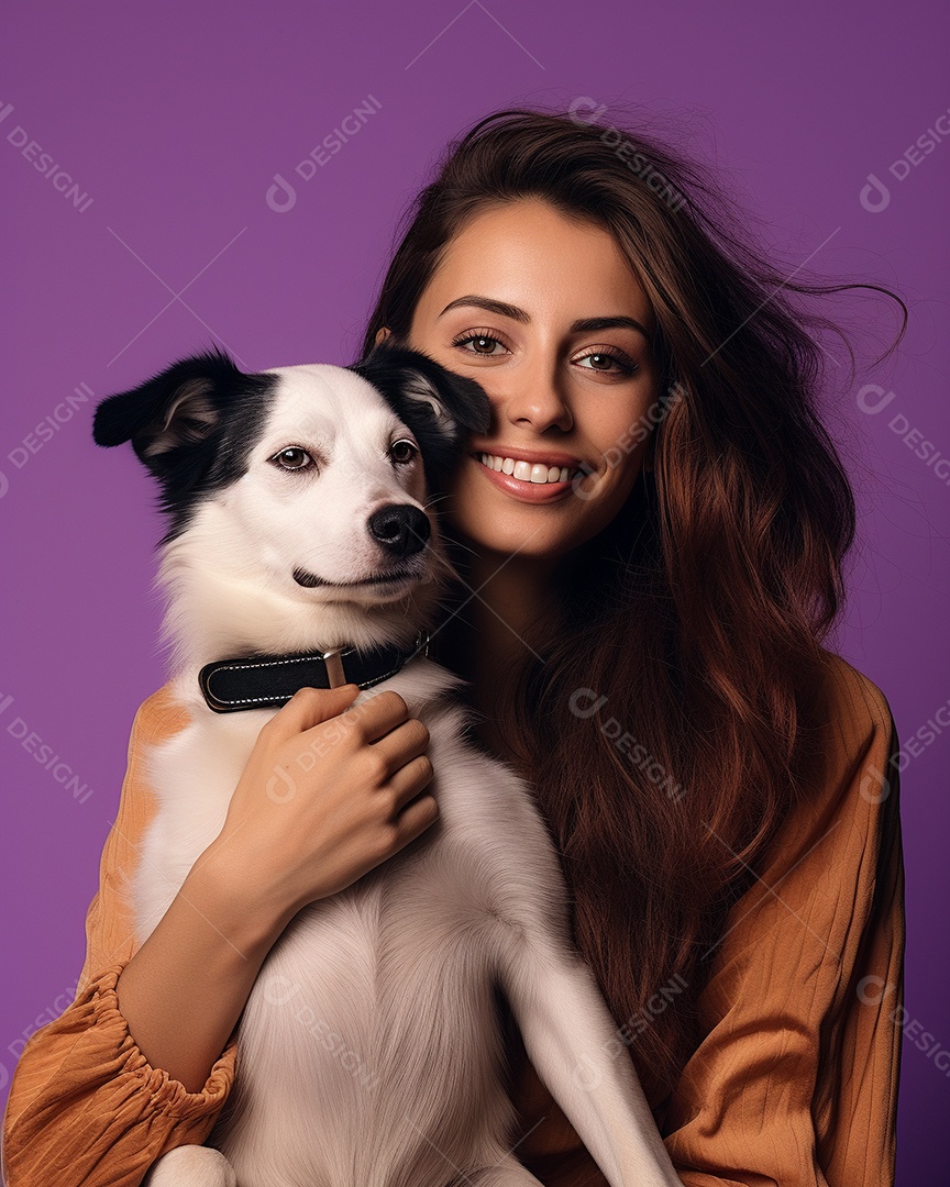 Uma mulher branca com seu cachorro acariciando seu cachorro em um fundo colorido