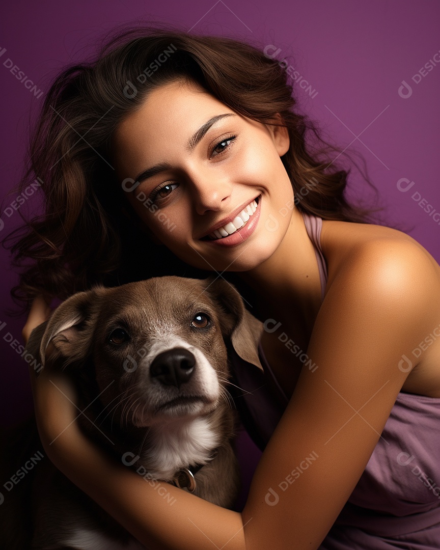 Uma mulher branca com seu cachorro acariciando seu cachorro em um fundo colorido