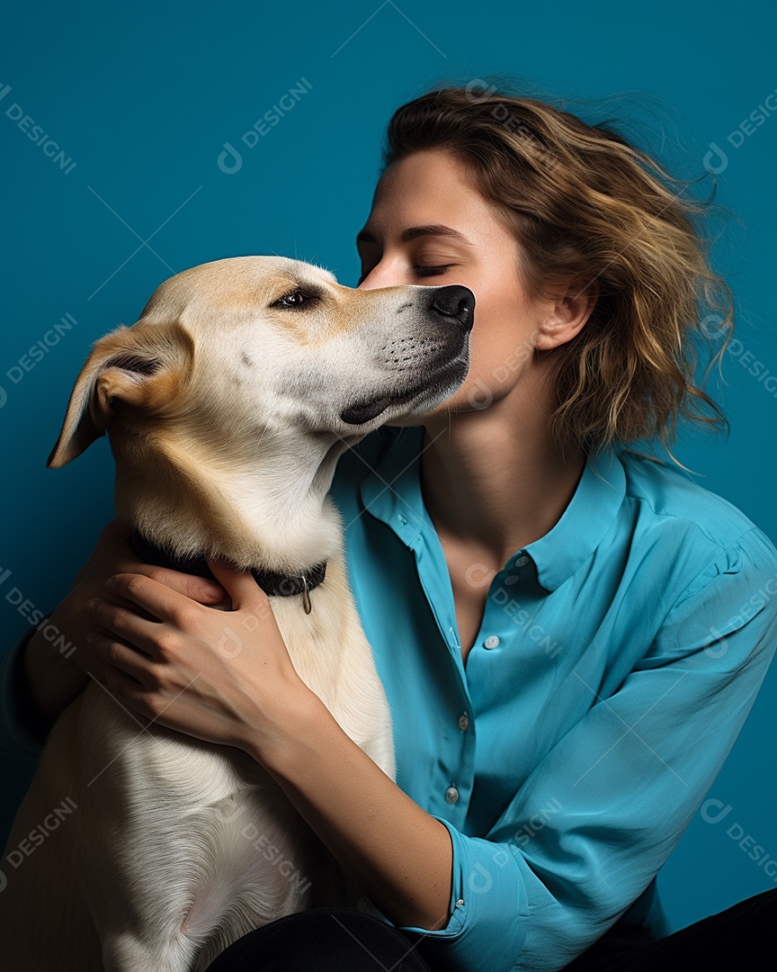 Uma mulher branca com seu cachorro acariciando seu cachorro em um fundo colorido