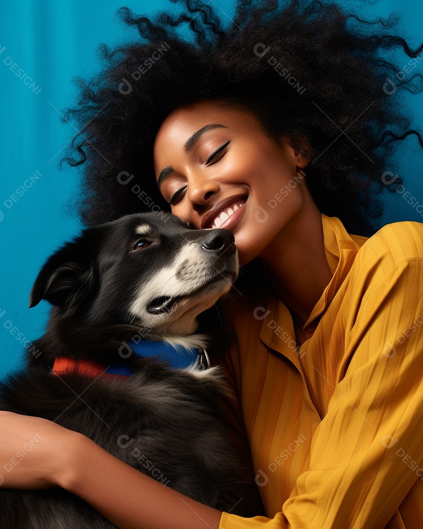 Uma mulher branca com seu cachorro acariciando seu cachorro em um fundo colorido