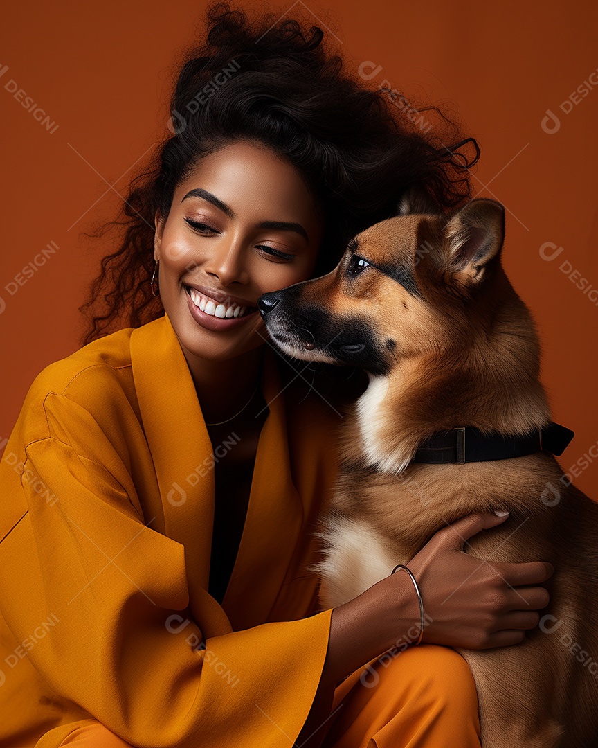 Uma mulher branca com seu cachorro acariciando seu cachorro em um fundo colorido