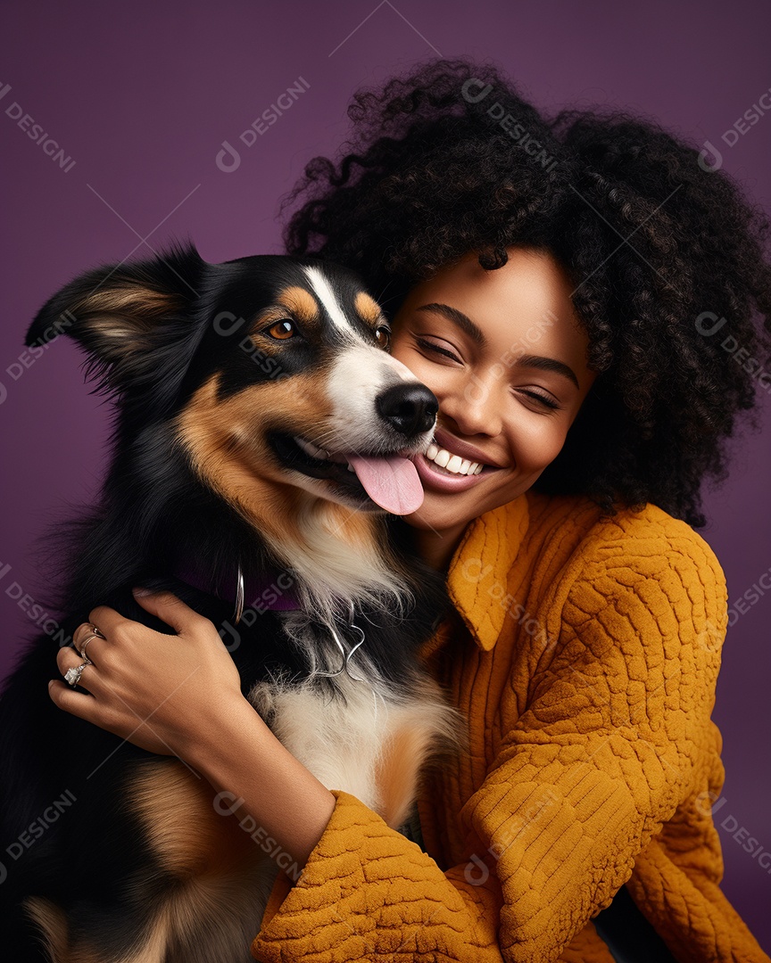 Uma mulher branca com seu cachorro acariciando seu cachorro em um fundo colorido