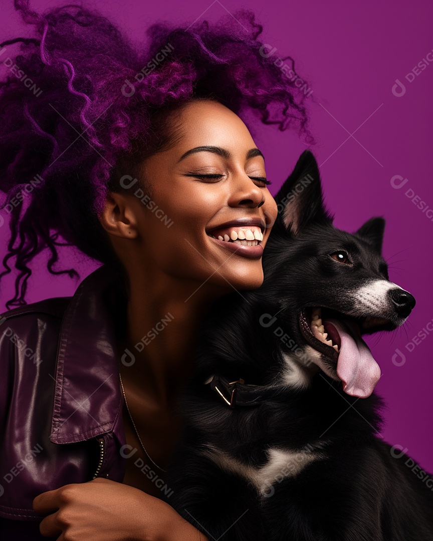 Uma mulher branca com seu cachorro acariciando seu cachorro em um fundo colorido