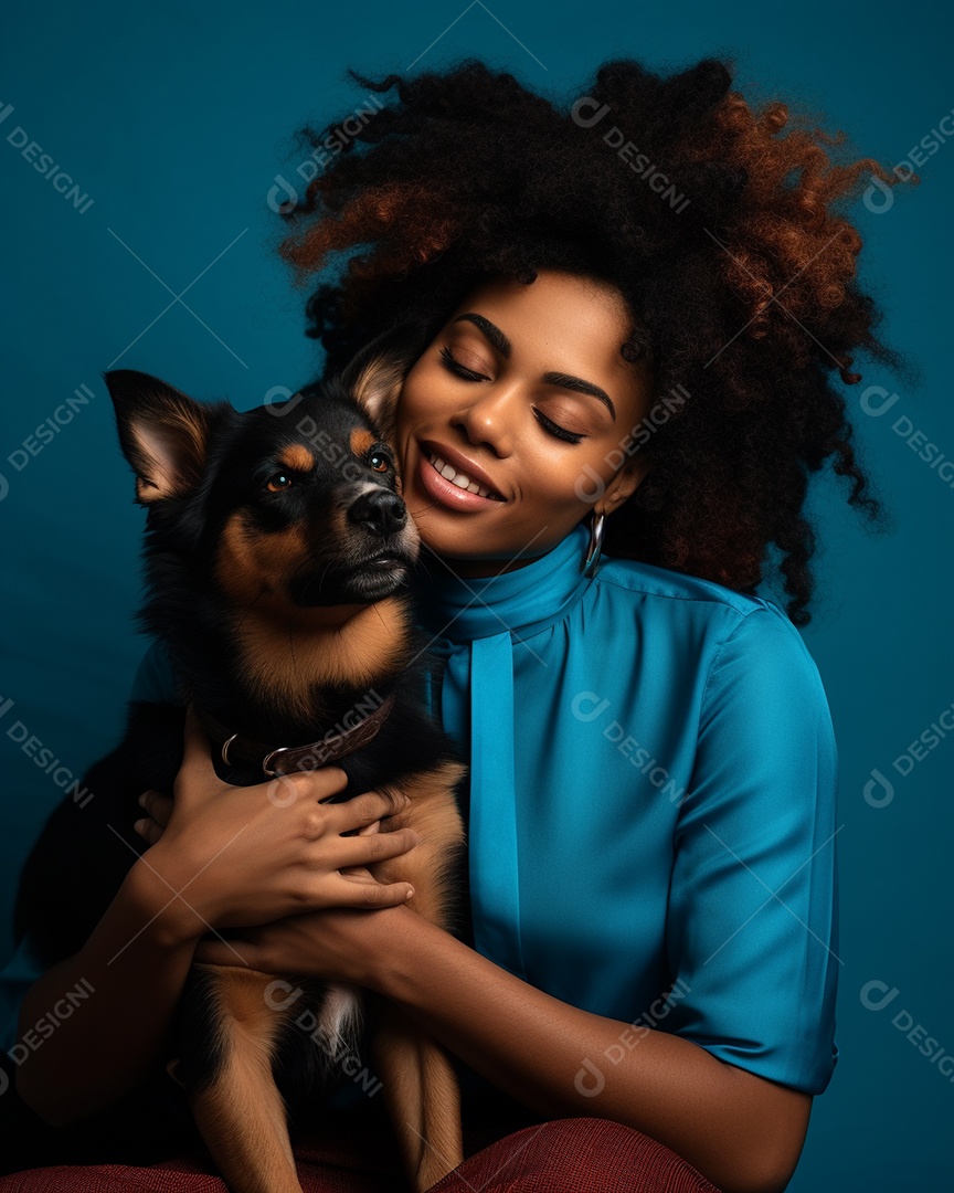 Uma mulher branca com seu cachorro acariciando seu cachorro em um fundo colorido