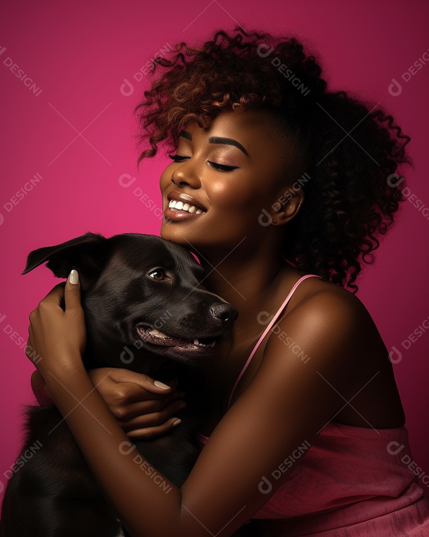 Uma mulher negra com seu cachorro acariciando seu cachorro em um fundo colorida