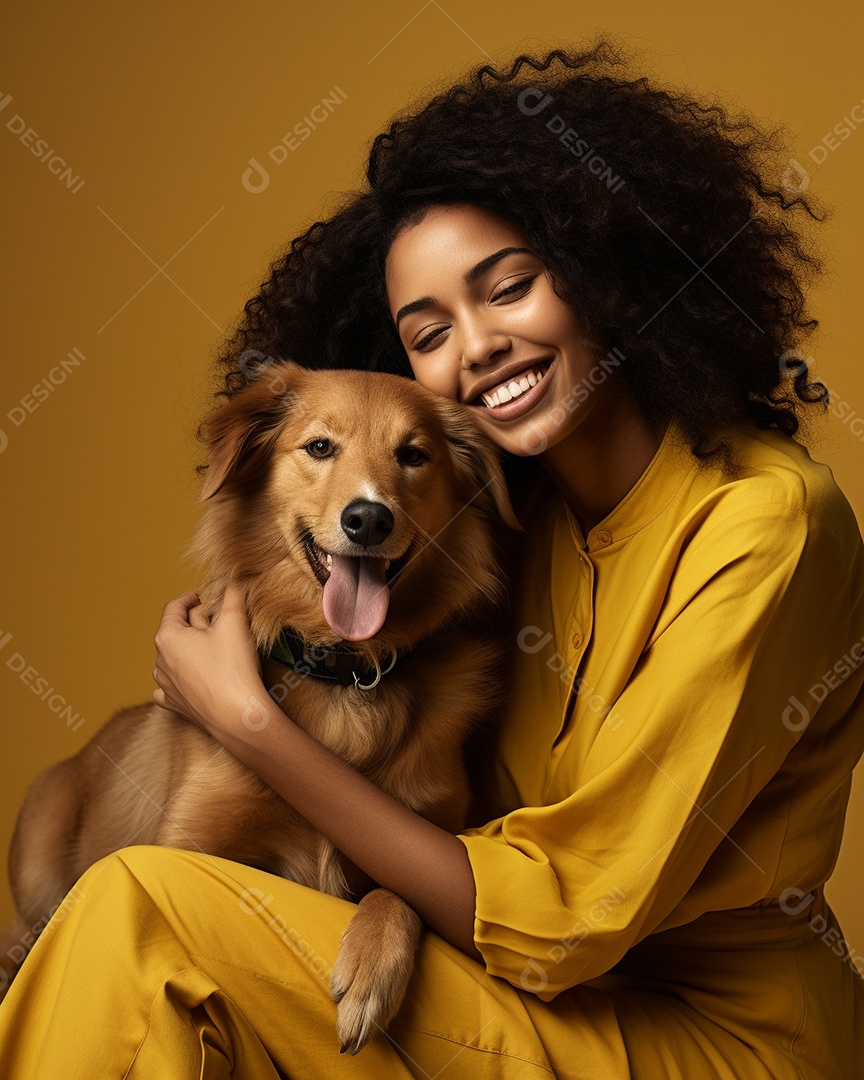 Uma mulher negra com seu cachorro acariciando seu cachorro em um fundo colorida