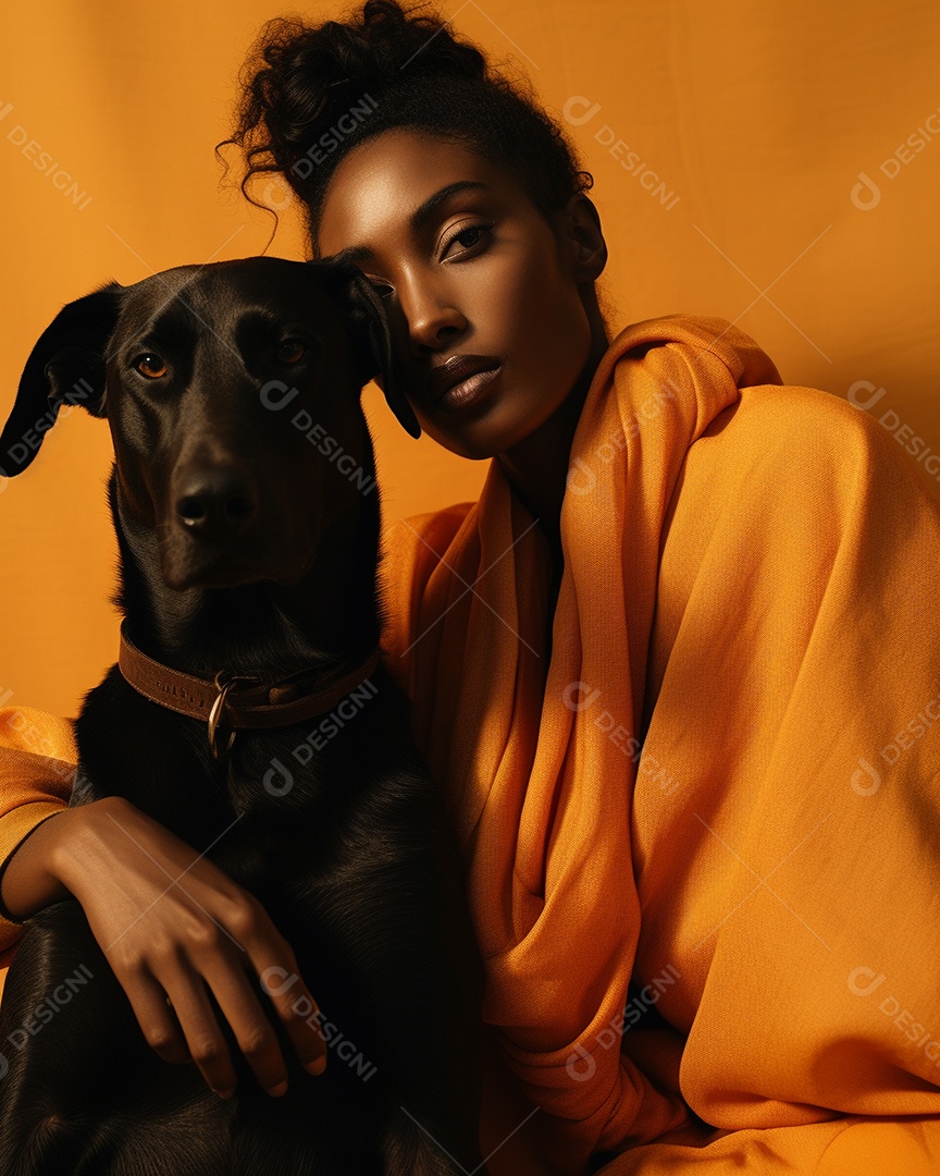 Uma mulher negra com seu cachorro acariciando seu cachorro em um fundo colorida