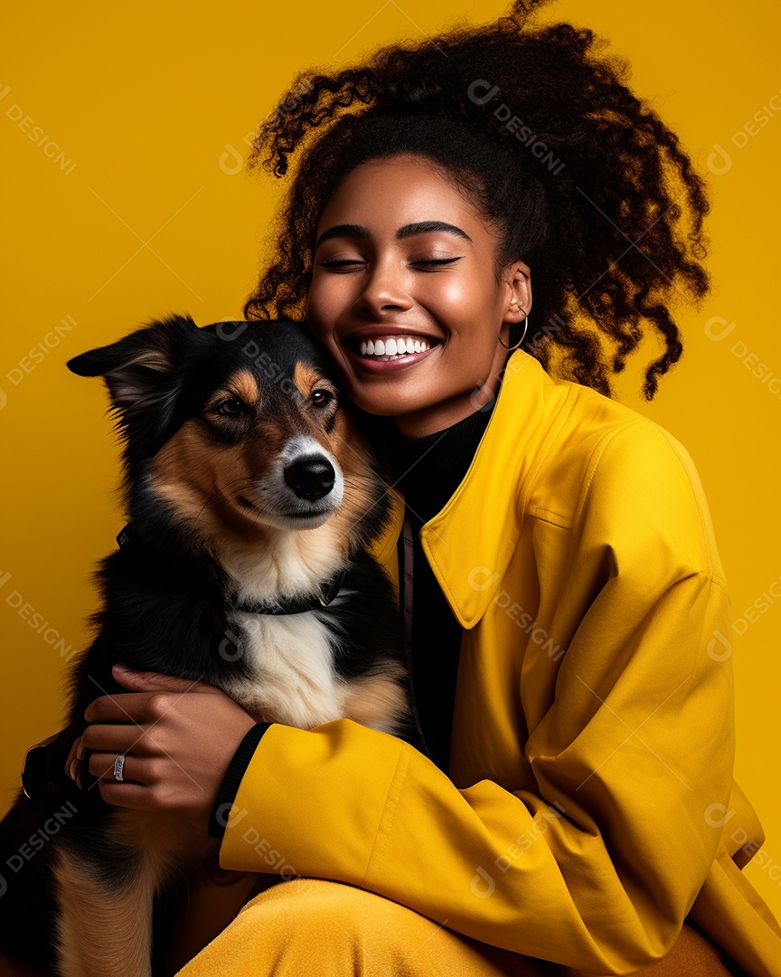 Uma mulher negra com seu cachorro acariciando seu cachorro em um fundo colorida