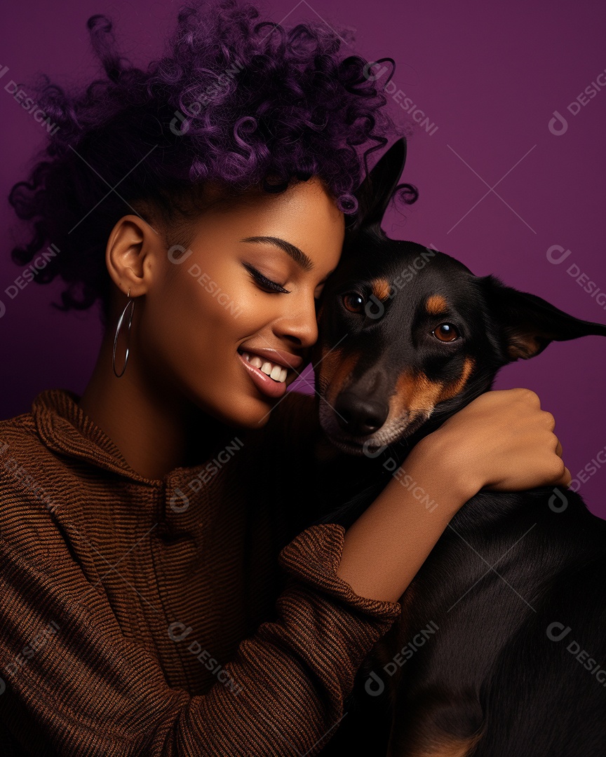 Uma mulher negra com seu cachorro acariciando seu cachorro em um fundo colorida