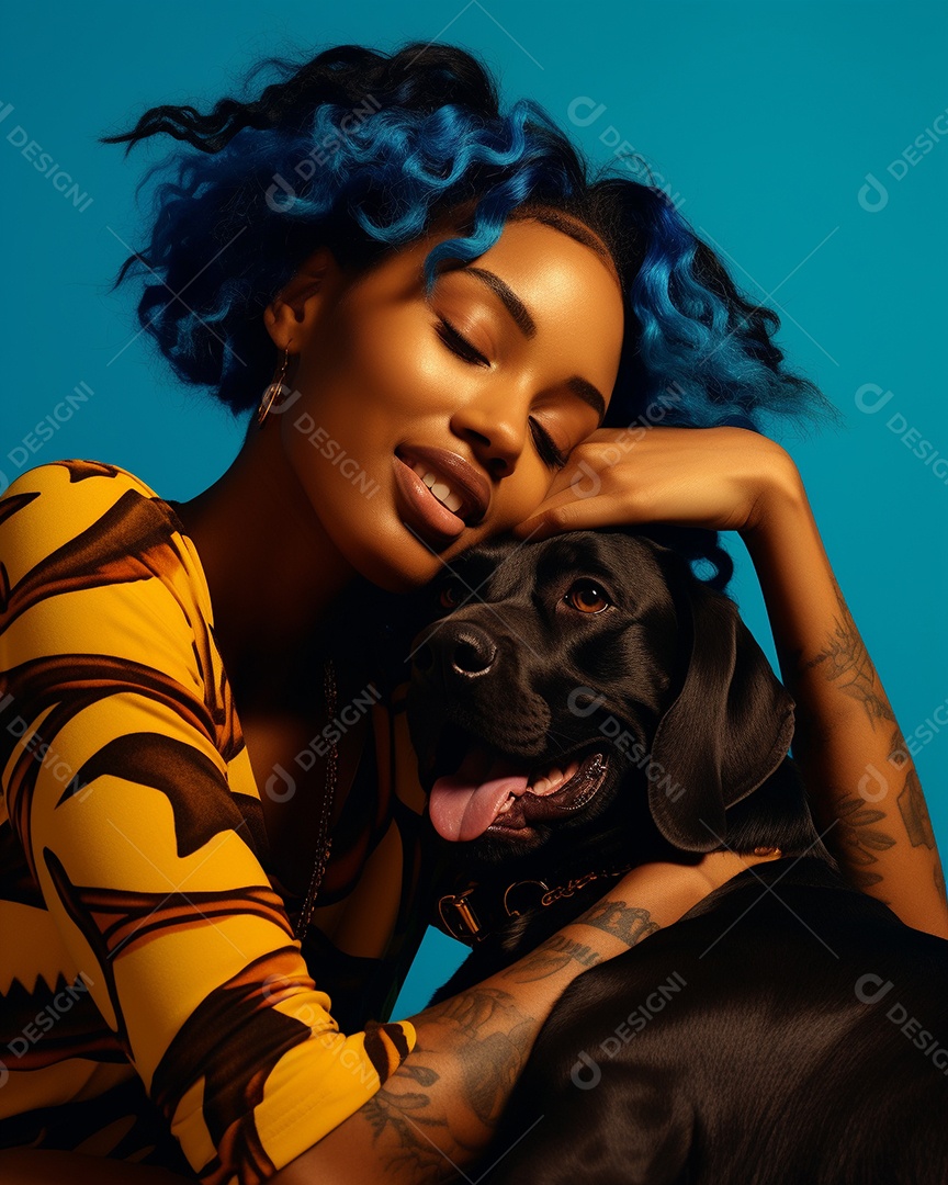 Uma mulher negra com seu cachorro acariciando seu cachorro em um fundo colorida