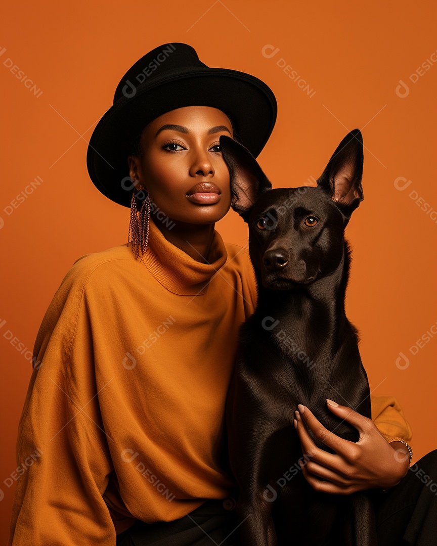 Uma mulher negra com seu cachorro acariciando seu cachorro em um fundo bronzeado