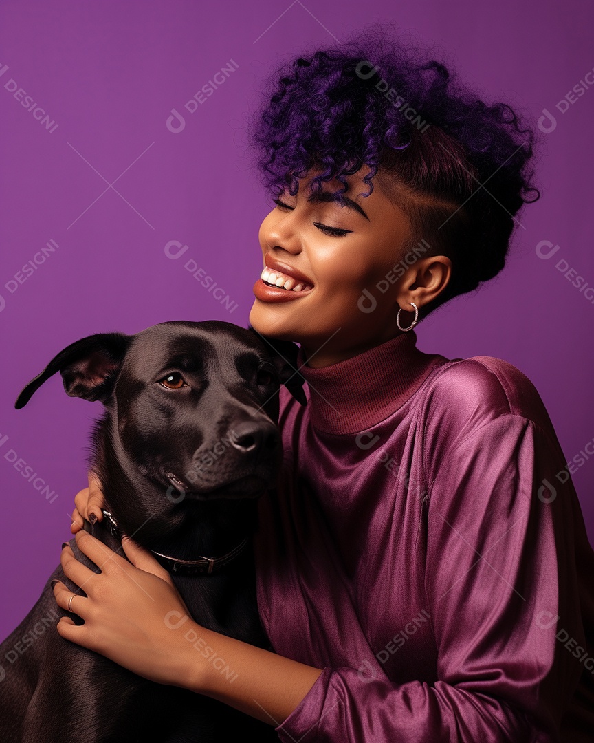 Uma mulher negra com seu cachorro acariciando seu cachorro em um fundo bronzeado