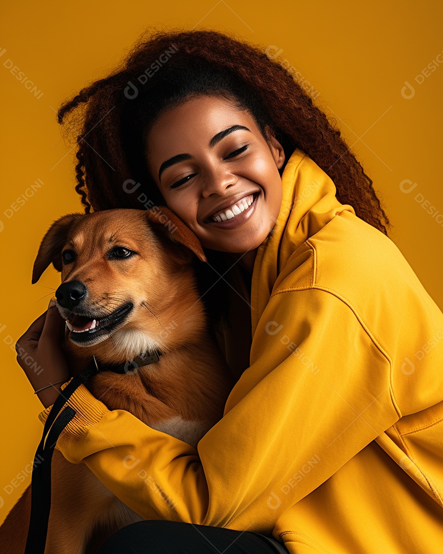 Uma mulher negra com seu cachorro acariciando seu cachorro em um fundo bronzeado