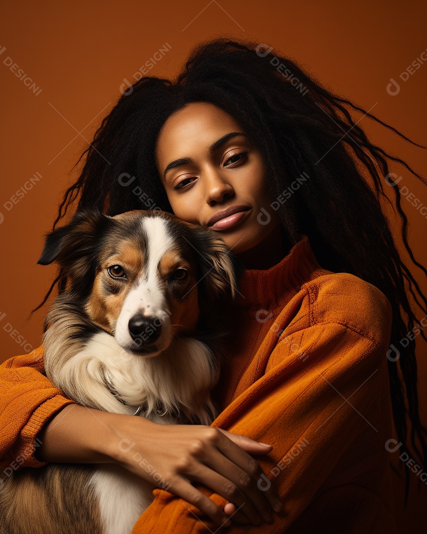 Uma mulher negra com seu cachorro acariciando seu cachorro em um fundo bronzeado