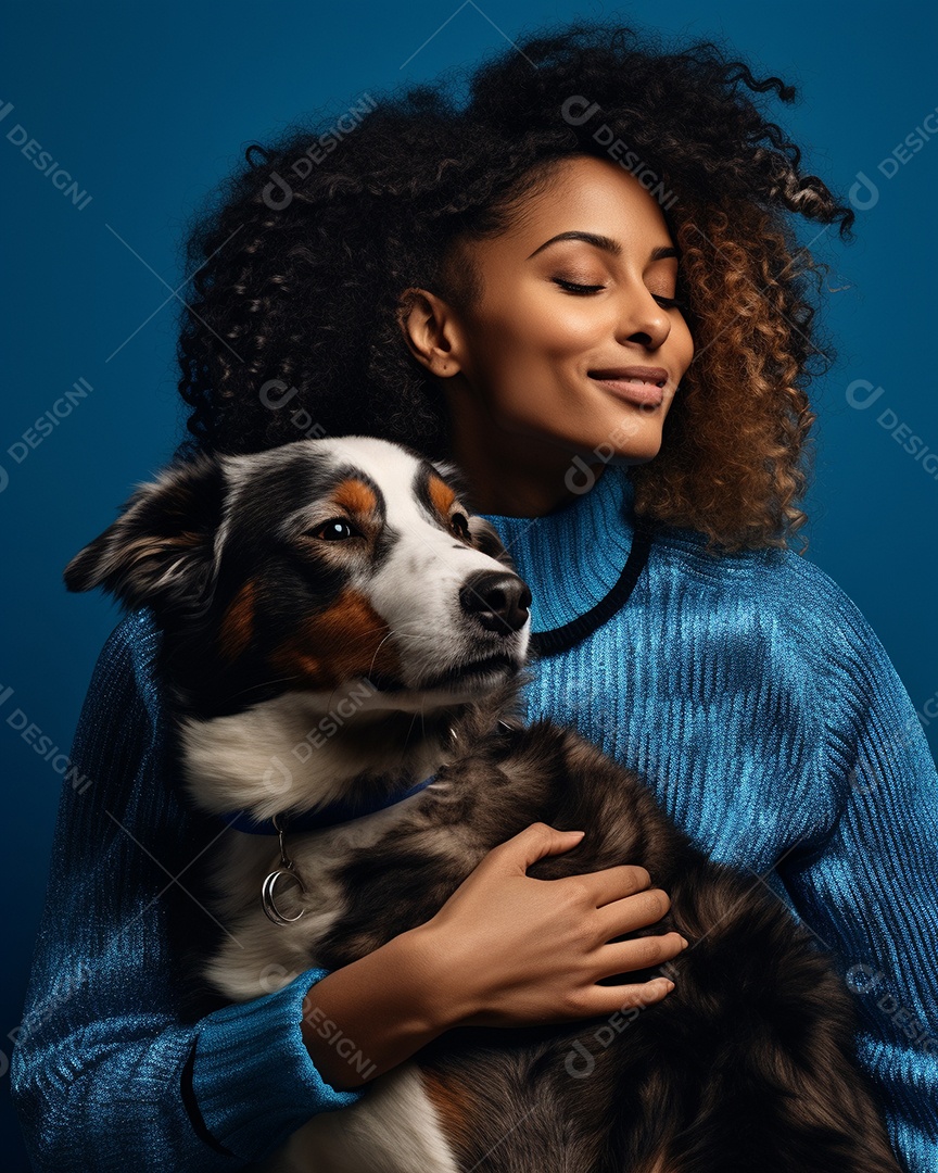 Uma mulher negra com seu cachorro acariciando seu cachorro em um fundo bronzeado