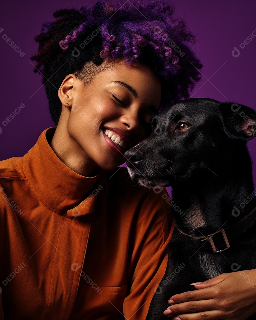 Uma mulher negra com seu cachorro acariciando seu cachorro em um fundo bronzeado