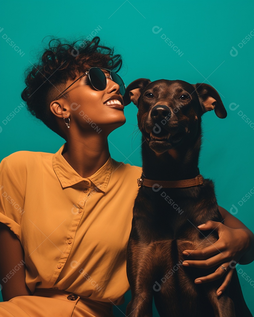 Uma mulher negra com seu cachorro acariciando seu cachorro em um fundo bronzeado